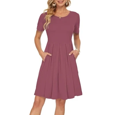 Abbildung von AUSELILY Kleider Damen Sommerkleid Blusenkleid A Linie Freizeitkleid Kurzarm Plissee Loose Swing Knielang Mauve M