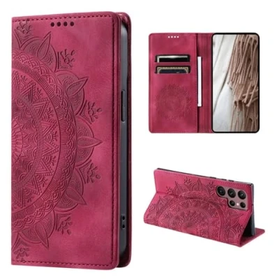 Abbildung von CoverKingz Handyhülle für Samsung Galaxy S24 Ultra Handytasche mit Kartenfach Schutzhülle Cover Handy Hülle klappbar Motiv Mandala Rot