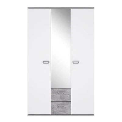 Abbildung von FORTE EMILY Schrank 110 120, Kleiderschrank mit Spiegel Kinderzimmerschrank 3 türig 2 Schubladen Einlegeböden Kleiderstange, Weiß / Betonoptik Grau, 115 cm breit x 188 hoch 53 tief