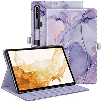 Abbildung von Fintie Hülle für Samsung Galaxy Tab S9 Plus 2023/S8 2022/S7 FE 2021/S7 2020 12,4 Zoll, Multi Winkel Viewing Schutzhülle mit Tasche, Auto Schlaf/Wake, Lila Marmor