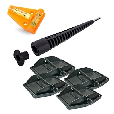 Abbildung von Maxi Foot Stützplatten Set 4 Stück zur Sicherung der Kurbelstütze inkl Akkuschrauberaufsatz und Kreuz Wasserwaage für Wohnmobil oder Wohnwagen
