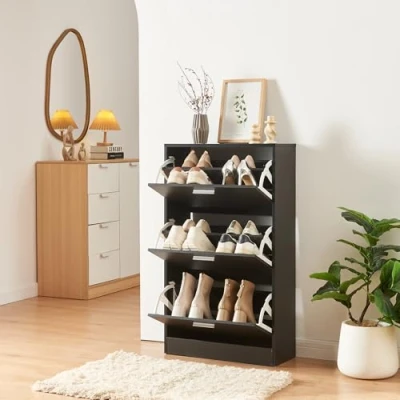 Abbildung von en.casa Schuhschrank »Sykkylven« Schuhkipper mit 3 Klappen 103 x 60 24 cm Schwarz