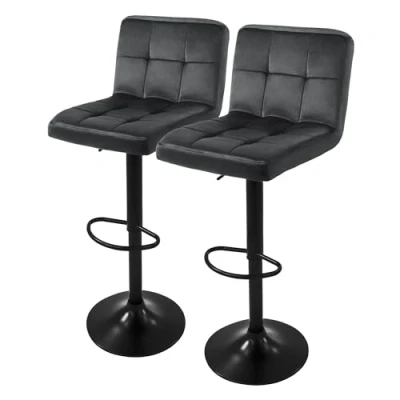 Abbildung von ML Design Barhocker 2er Set, Bezug aus Samt, Grau, Gepolsterter Barstuhl mit Rückenlehne und Fußstütze, Tresenhocker höhenverstellbar 63 83cm, 360 drehbar, Bistrohocker Hocker Drehstuhl Barstühle