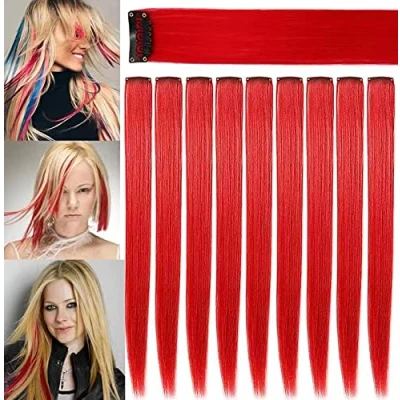 Abbildung von ZHIXIN 9 Stück Rot gefärbte Clip in Haarverlängerungen Party Highlights Synthetische Perückenteile, Haarteile Haarschmuck (Rot)