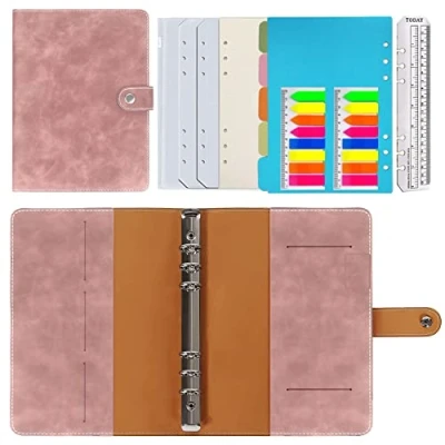 Abbildung von Ringbuch A5 Nachfüllbar,PU Leder Nachfüllbares Notizbuch Tagebuch Gepunktetes Papier Echtleder Innentaschen für Reisearbeit und Organizer,Geschenk Mädchen, Jungen (Rosa 23x17cm)