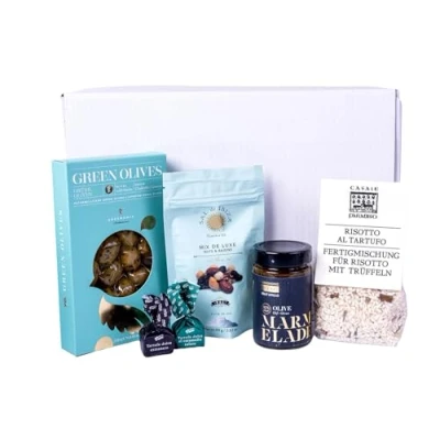 Abbildung von ooobox kleiner Feinkost Geschenkkorb “Gourmet für Frauen &amp; Männer I Präsentkorb gefüllt mit Trüffel Risotto, Tartufo Pralinen, MarmeladeI Delikatessen Geschenkset Geburtstag als Mitbringsel