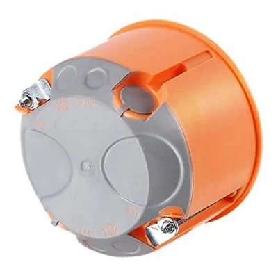 Abbildung von Frontbox 1 Modul winddicht Ø68 mm, 47 mm tief, mit Befestigungsschrauben. orangefarbene Eurobox. PVC frei