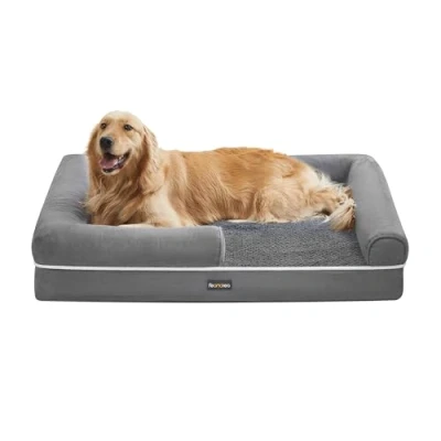 Abbildung von Feandrea Orthopädisches Hundebett, Hundekissen, Hundekorb, weiche Polsterung, Hundesofa, erhöhte Ränder, Bezug abnehmbar und waschbar, 112 x 86 20 cm, rutschfeste Unterseite, hellgrau PGW068G02
