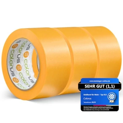 Abbildung von 3 x Colorus Profi Maler Goldband Soft Tape Abklebeband 50 mm m UV beständig Klebeband für gestochen scharfe Farbkante Lackierband Lackier Lack Abdeckband