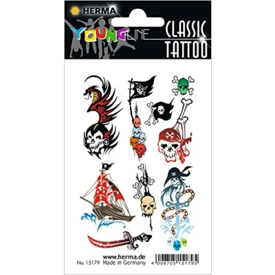 Abbildung von HERMA 15179 Temporäre Tattoos Totenkopf, 9 Stück, Klebetattoos zum Aufkleben, Fake Aufkleber mit Piraten Piratenschiff Motiv, Kindertattoos Sticker für Fasching Karneval Kinder Erwachsene