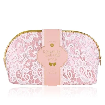 Abbildung von accentra Geschenkset Frauen ROMANTIC DREAMS 3 teilig Badeset Geschenk mit Kosmetiktasche, Duschgel &amp; Netzschwamm Wellness Set für Mädchen zum Geburtstag Valentinstag