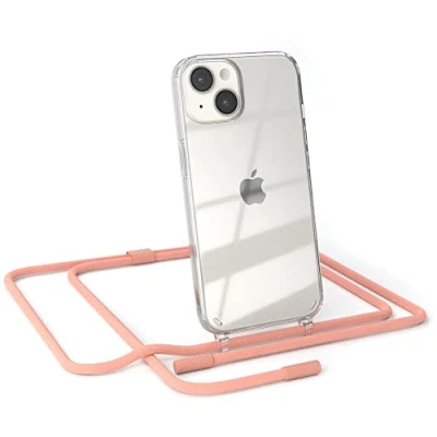 Abbildung von EAZY CASE kombinierbare Handyketten kompatibel mit iPhone 14, Transparente Silikon Hülle rundem Umhängeband, abnehmbar durch abschraubbare Endstücke, Band, Handykordel, Korall