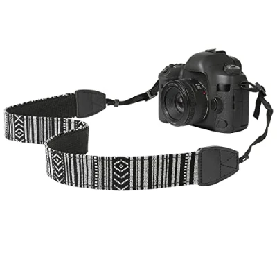 Abbildung von MoKo Kameragurt, Baumwolle Leinwand Tragegurt Geflochten Verstellbar Kamera Schultergurt Nackengurt für Alle DSLR Digitalkamera Canon Fuji Nikon Olympus Pentax Sony, Schwarz/Weiß