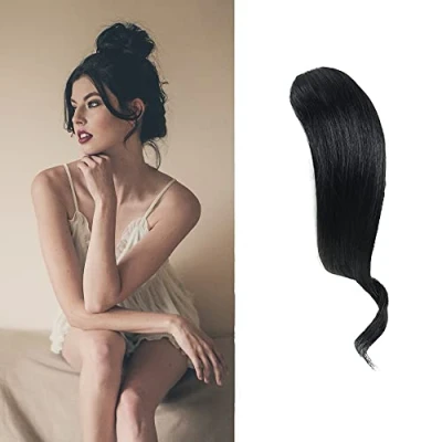 Abbildung von 2 STÜCKE Wave Side Bang 100% Echthaar Clip in Pony Curly Fringe Hair Extensions (Pechschwarz)