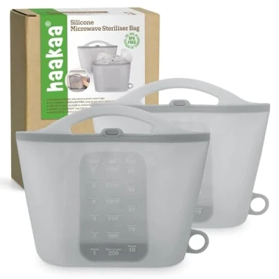 Abbildung von Haakaa Silikon Dampfsterilisatorbeutel für die Mikrowelle, wiederverwendbare Dampfbeutel Babyflaschen, Milchpumpe, Zubehör, Schnuller und Sauger, ideal zu Hause unterwegs,grau 2PCS