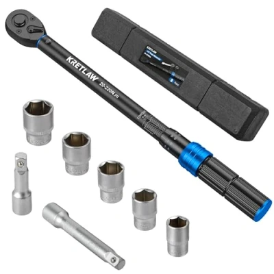 Abbildung von KRETLAW Drehmomentschlüssel 8tlg. 1/2&quot; Drehmoment Schlüssel 20 220Nm Set mit 76/125mm Verlängerungen, 17 19 21 22 24mm Stecknuße für Auto, Motorrad, LKW, NKW in Koffer