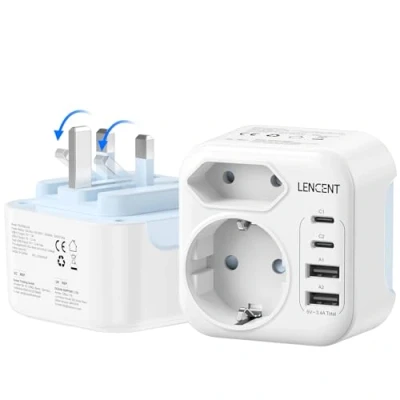 Abbildung von LENCENT Reiseadapter UK Deutschland Stecker, Adapter Typ G, Klappbarer Reisestecker mit 2 USB C&amp;2 A Anschlüße, EU Schuko auf für England, Großbritannien, Schottland, Irland, Malediven Stckdosen