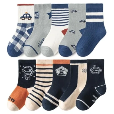 Abbildung von FedMois 10er Pack Kinder Socken Jungen Mädchen Strümpfe Baumwolle, Astronaut und Auto, Gr. 19 22