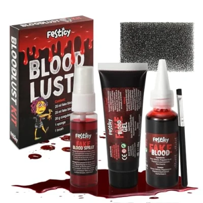 Abbildung von Festicy Kunstblut Halloween Set 2024 I 25ml Kunst Blut, Spray, 20g Fake Blood Gel, Schwamm &amp; Pinsel Blut für Make up SFX auswaschbar, Blutplasma
