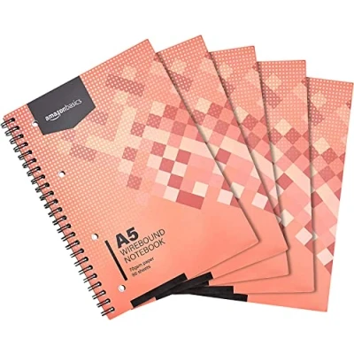 Abbildung von Amazon Basics Spiral Notizblock, 80 Blatt/160 Seiten, A5, 70 GSM, 5 Stück, Weiß