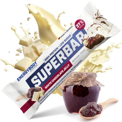 Abbildung von Energybody® Superbar Protein Riegel Einzeln White Chocolate Jelly 1x50g / High 18g Eiweiß 1,7g Zucker/Eiweißriegel zuckerarm für Low Carb Ernährung/Protein Snack
