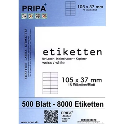 Abbildung von pripa Etikettenformat 105 x 37 mm 500 Blatt Großpackung DIN A4 Selbstklebende Etiketten. Der Bogen ist aufgeteilt in 16 Etiketten = 2 Spalten je 8 Reihen (500)