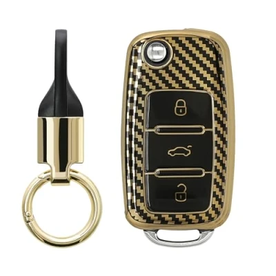 Abbildung von kwmobile Schlüsseltasche Hülle für VW Skoda Seat 3 Tasten Autoschlüssel (1 tlg), Schlüsselhülle mit Key Ring Anhänger Cover Gold Schwarz