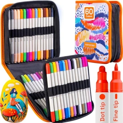 Abbildung von Artistro 60 Acrylstifte, Acrylfarbenmarker mit Doppelspitze (Pinsel + Feine Spitze 1 mm), Zeichenset, Acrylmarker für Stoff, Leinwand, Stein, Glas, Holz, Papier, Farbmarker Kinder und Erwachsene