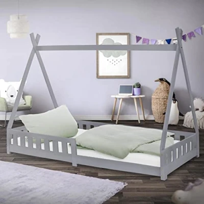 Abbildung von ML Design Kinderbett Tipi 90x200 cm Hellgrau mit Rausfallschutz und Lattenrost, Kiefernholz, Indianer Bett aus Massivholz für Mädchen &amp; Jungen, Hausbett Zaun Kinderhaus Jugendbett Spielbett Zelt