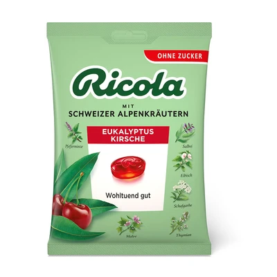 Abbildung von Ricola Eukalyptus Kirsche, 75g Beutel original Schweizer Kräuter Bonbons mit 13 Alpenkräutern &amp; fruchtig frischer zuckerfrei, 1 x 75g, vegan