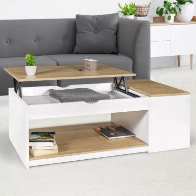Abbildung von IDMarket Couchtisch, aufklappbar, rechteckig, mit Truhe, Holz, Weiß und Buchenoptik
