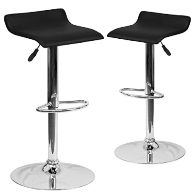 Abbildung von Flash Furniture Moderner Barhocker aus Vinyl, höhenverstellbar, mit solidem Wellensitz und Chromfuß, Stoff, schwarz, 2 Stück