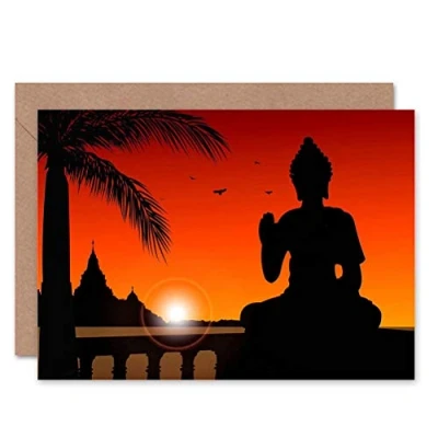 Abbildung von Wee Blue Coo Buddha Statue Zen Sonnenuntergang Spirituell Geburtstagskarte