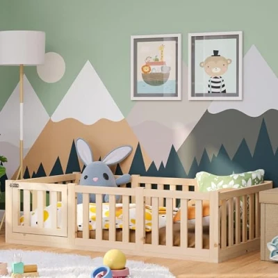 Abbildung von Bellabino Kinderbett Tapi (Bodenbett mit Rausfallschutz und Lattenrost, weitere Größen 70x140, 90x200, 120x200, 140x200 cm), natur Kiefer 80x160 Tür