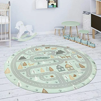 Abbildung von Paco Home Kinderteppich &quot;Chicos 550&quot;, rund, 2 mm Höhe, Flachgewebe, Straßen Spiel Teppich, Kinderzimmer