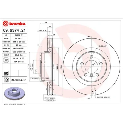 Abbildung von BREMBO COATED DISC LINE 09.9374.21 Bremsscheibe 344 30 5 innenbelüftet beschichtet hochgekohlt LAND ROVER: Range Rover 3