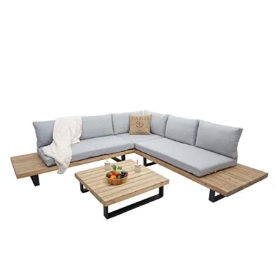 Abbildung von Garten Garnitur HWC H54, Sitzgruppe Lounge Set, Spun Poly Akazie Holz MVG Alu Hellbraun, Polster hellgrau