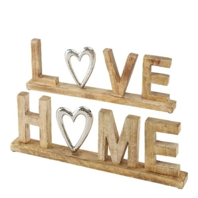 Abbildung von mucHome 2er Set Schriftzug Home und Love aus Mangoholz Aluminium ca. 50x18cm Aufsteller