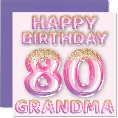 Abbildung von Stuff4 Geburtstagskarte zum 80. Geburtstag für Oma rosa &amp; lila Glitzerballons Happy Birthday Karten 80 Jahre alte von Enkelsohn Enkelin, 145 mm x