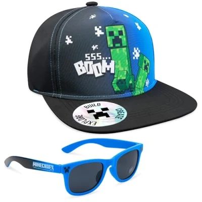 Abbildung von Minecraft Basecap Kinder Jungen Set Snapback Cap und Sonnenbrille UV Schutz Creeper Sonnenschutz Kappe Geschenke Jungs (6 14 Jahre, Schwarz/Blau)