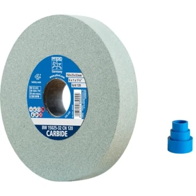 Abbildung von PFERD Schleifbockscheibe CARBIDE, 150x25x32mm, SiC 120, 39008429 Weiche, aggressive Schleifscheibe für harte Materialien, z. B. Hartmetall, mit Reduzierhülsen (25/20/16mm)