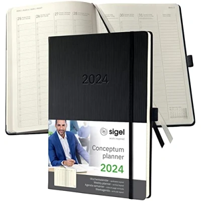 Abbildung von SIGEL C2418 Planungsbuch Terminplaner Wochenkalender 2024, extra groß, A4+, 1 Woche = 2 Seiten, Spalte pro Tag, schwarz, Hardcover, 192 Stiftschlaufe, Archivtasche, Conceptum