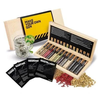 Abbildung von DIBYS Gin Gewürze Set Mini 12 Botanicals für Tonic &amp; Cocktail Mit 4 Rezept Karten, Gewürzlexikon edler Holz Kiste Geschenk Männer Frauen Zubehör zum selber machen