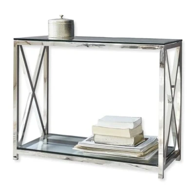Abbildung von Loberon Konsole Dartford, Geringe Tiefe, Modernes Design, Hochglänzender Rahmen, Puristischer Look, Konsolentisch, Edelstahl, Glas, Silber/klar