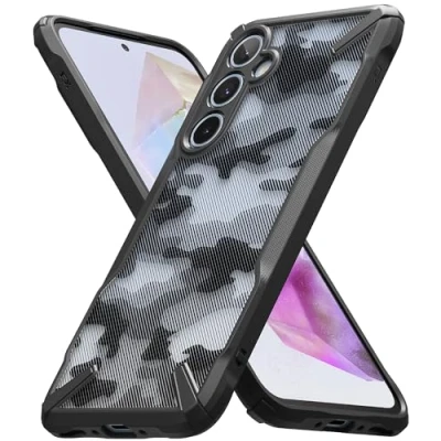 Abbildung von Ringke Fusion X Kompatibel mit Samsung Galaxy A35 5G (2024) Hülle, Anti Kratzt Harte PC Rückseite Robuster Stoßstange Handyhülle Handykette Löcher Camo Black