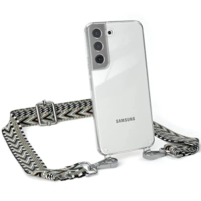 Abbildung von EAZY CASE Handykette Verstellbarer Trageriemen kompatibel mit Samsung Galaxy S22, Handykordel Schutzhülle durchsichtig, Riemen für Handyketten, Grün/Schwarz Metall Silber