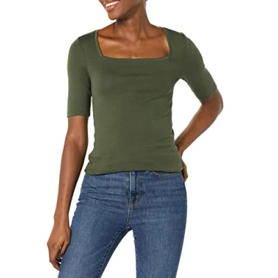 Abbildung von Amazon Essentials Damen Halbarm T Shirt mit eckigem Ausschnitt in schmaler Passform, Olivgrün, M