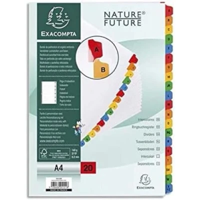 Abbildung von Exacompta 1111E 10er Pack Karton Register A Z für DIN A4 aus 20 teilig volle Höhe 21 x 29,7 cm weiß, bunte verstärkte Taben mit Indexseite Trennblätter Trennstreifen Ordner