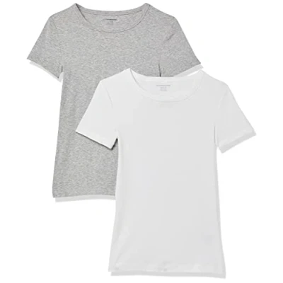 Abbildung von Amazon Essentials Damen Kurzärmeliges T Shirt mit Rundhalsausschnitt, Schmale Passform, 2er Pack, Weiß/Hellgrau Meliert, S