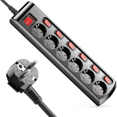 Abbildung von deleyCON 6 Fach Steckdosenleiste Einzeln Schaltbar 3,0m Kabel (6X EIN/Aus Schalter und 1x Hauptschalter) Strom Stromleiste Mehrfachsteckdose mit Kindersicherung Schwarz